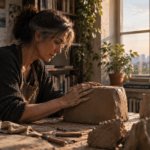 Mujer mayor trabajando un bloque de arcilla en un taller durante una mañana de lunes