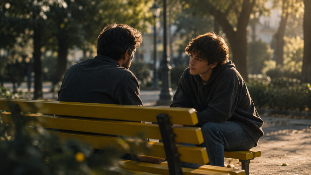 Dos personas conversando sentadas en un banco amarillo de una plaza
