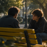 Dos personas conversando sentadas en un banco amarillo de una plaza
