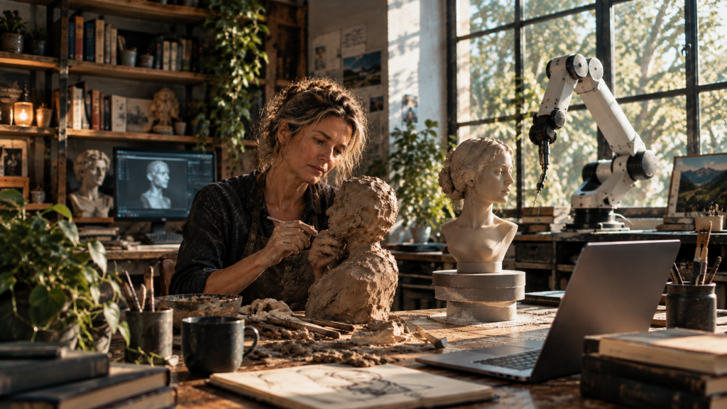Una escultora modela a mano un busto de arcilla junto a una escultura terminada y un brazo robótico en su taller.