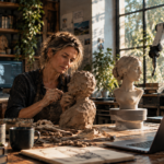Una escultora modela a mano un busto de arcilla junto a una escultura terminada y un brazo robótico en su taller.