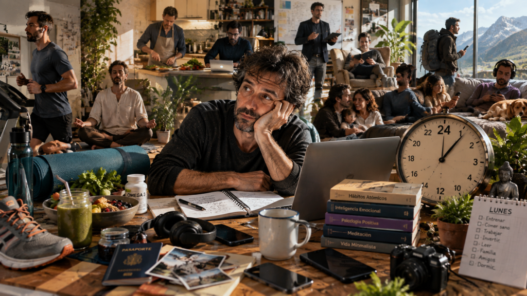 Aprender a vivir y no morir en el intento Hombre sentado frente a una mesa rodeado de objetos que representan ejercicio, trabajo, bienestar, viajes y productividad
