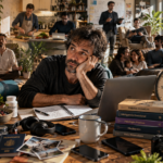 Hombre sentado frente a una mesa rodeado de objetos que representan ejercicio, trabajo, bienestar, viajes y productividad
