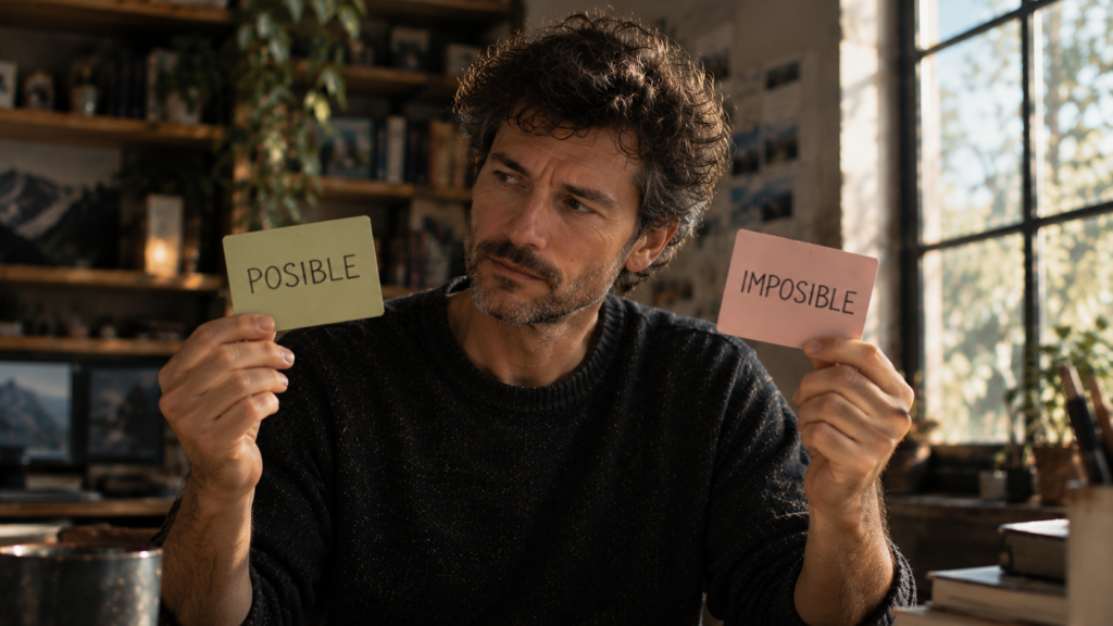 ¿La contradicción mata los sueños o los hace posibles? Hombre pensativo sostiene dos tarjetas, una con la palabra «POSIBLE» y otra con «IMPOSIBLE», mientras mira hacia ambos lados.
