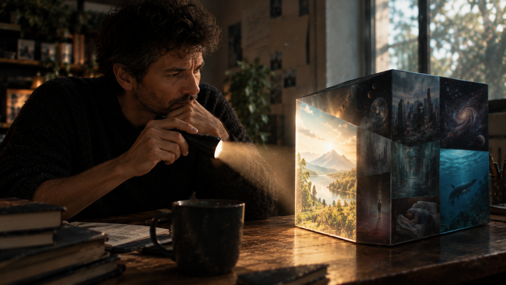 Un hombre observa un cubo con distintas escenas de la realidad e ilumina una de sus caras con una linterna en un estudio cálido y lleno de libros.