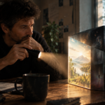 Un hombre observa un cubo con distintas escenas de la realidad e ilumina una de sus caras con una linterna en un estudio cálido y lleno de libros.